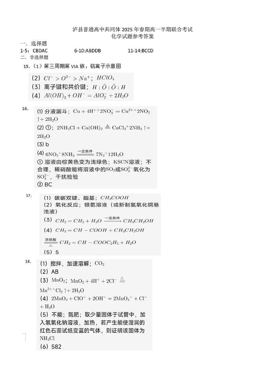 泸县普通高中共同体2025年春期高一半期联合考试化学试题答案第1页