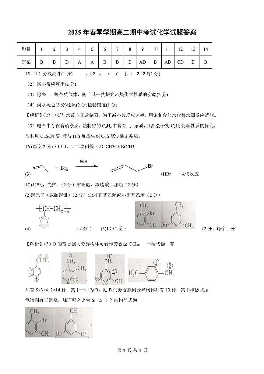 2025年春季学期高二期中考试化学试题答案(1)第1页