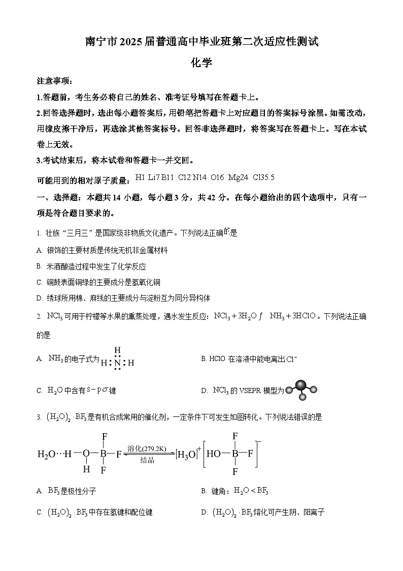 广西南宁市2025届高三下学期第二次适应性考试化学试题含答案第1页