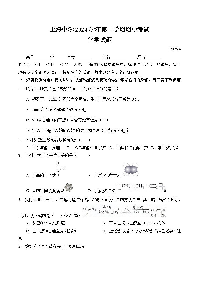 【上海高中化学】上海市上海中学2024-2025学年高二下学期期中考试化学试卷第1页