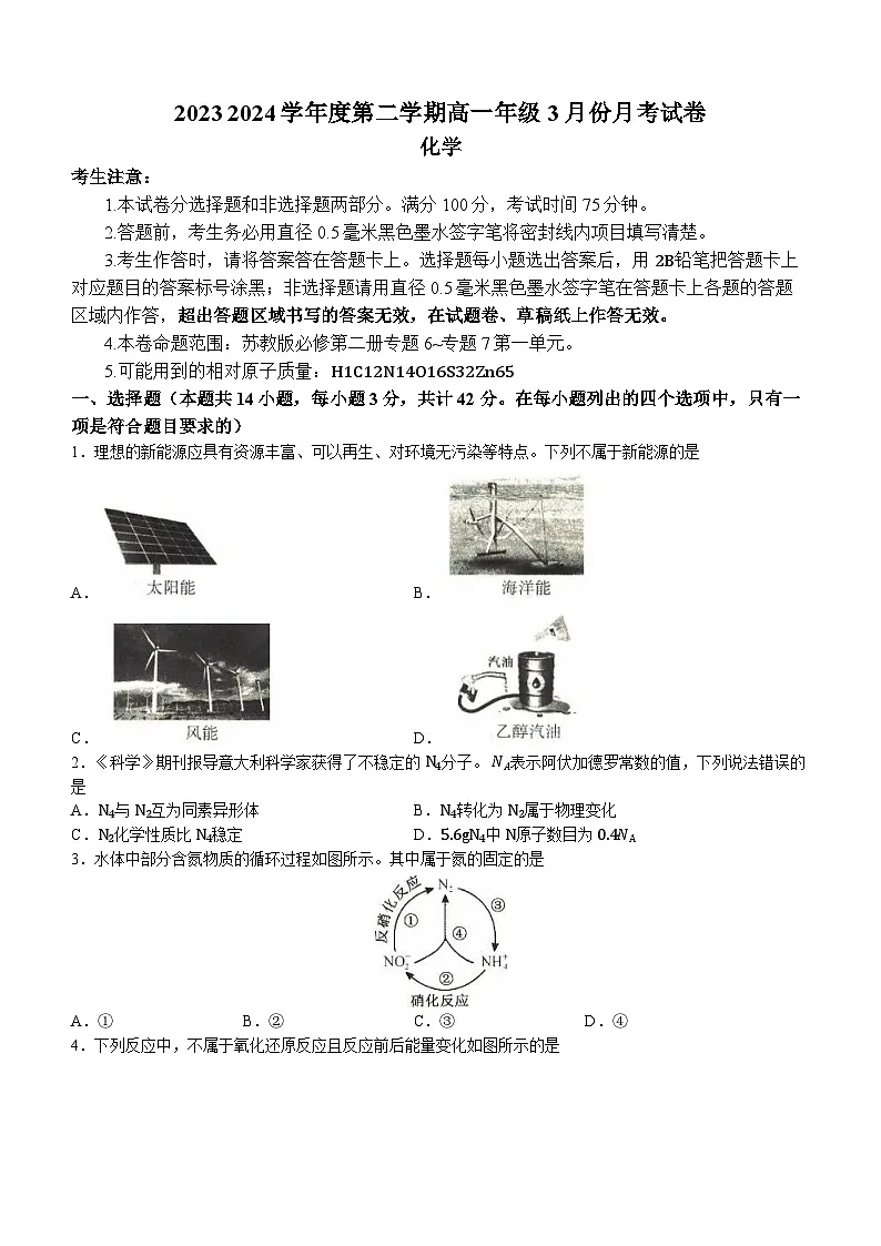 河北省沧州市沧州十校2023-2024学年高一下学期3月月考化学试题（含答案）第1页