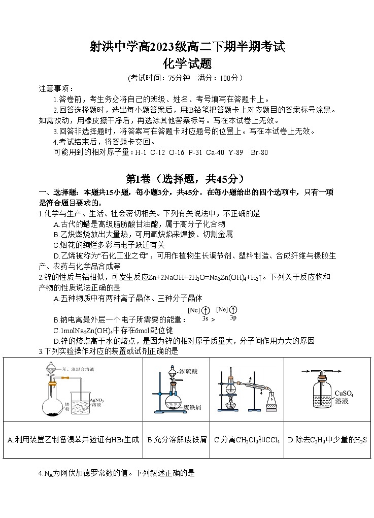 四川省遂宁市射洪中学2024-2025学年高二下学期期中考试 化学 含答案第1页