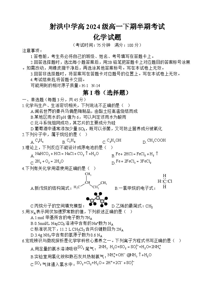 四川省遂宁市射洪中学2024-2025学年高一下学期期中考试 化学 含答案第1页