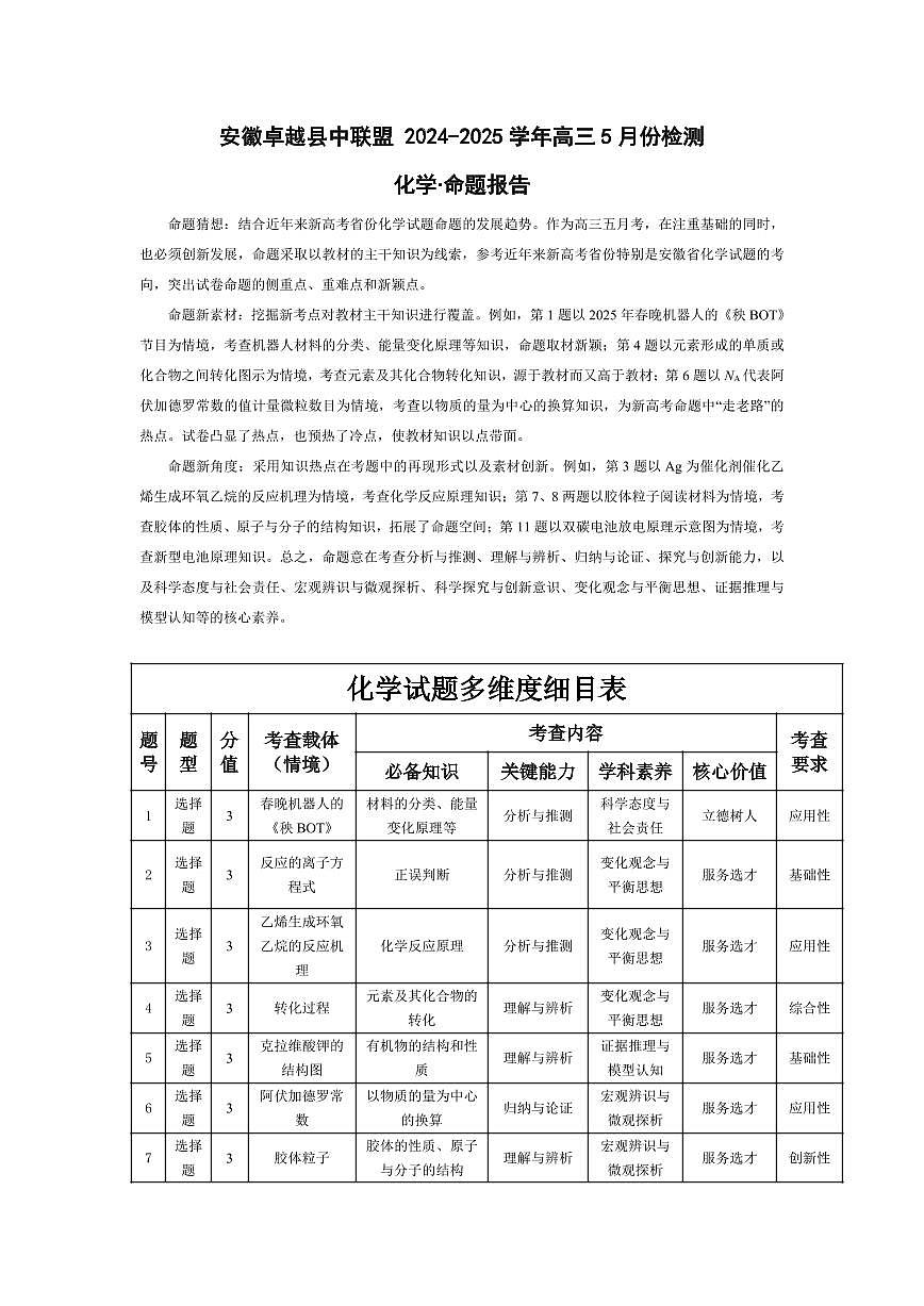 化学-安徽高三5月份检测命题报告第1页