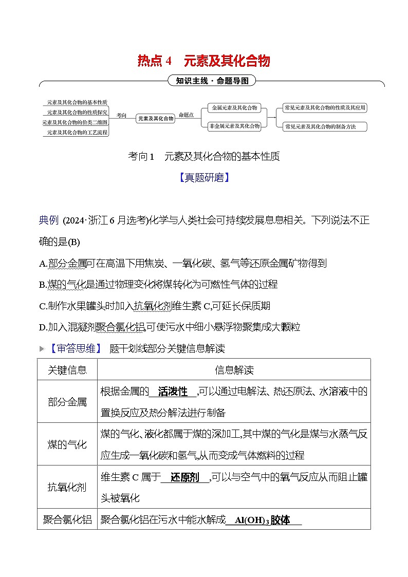 2025版高考热点题型与考点专练化学一热点4元素及其化合物试题（Word版附答案）第1页