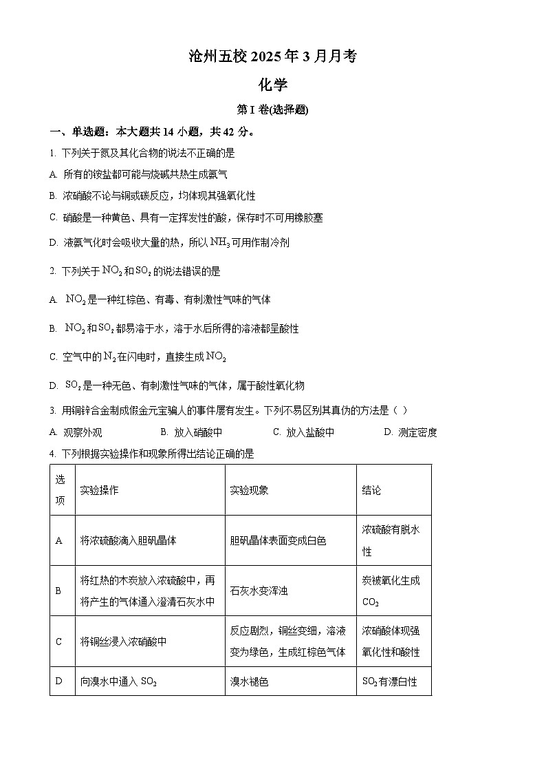 河北省沧州五校2024-2025学年高一下学期3月联考化学试题（原卷版+解析版）第1页