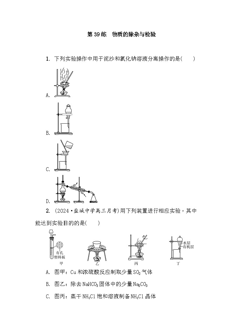 第39练　物质的除杂与检验  课时作业（含答案）2026届高三化学一轮总复习第1页