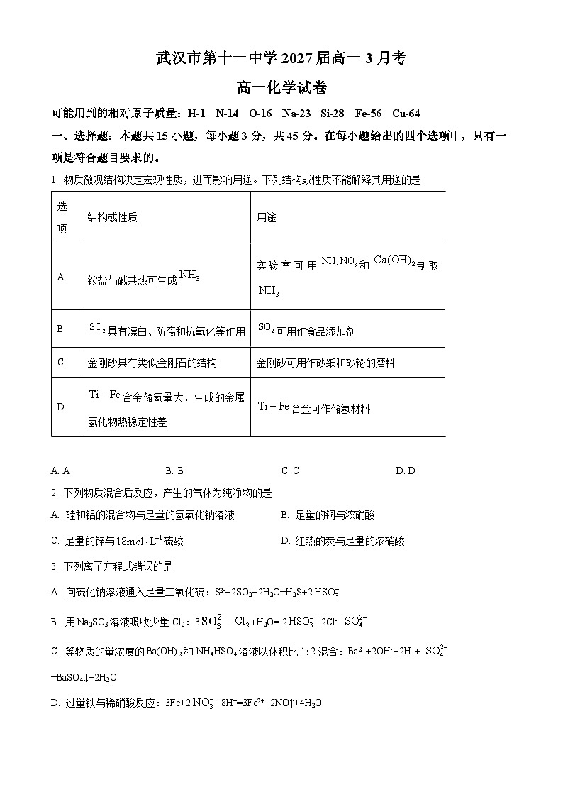 湖北省武汉市第十一中学2024-2025学年高一下学期3月月考化学试卷（原卷版+解析版）第1页