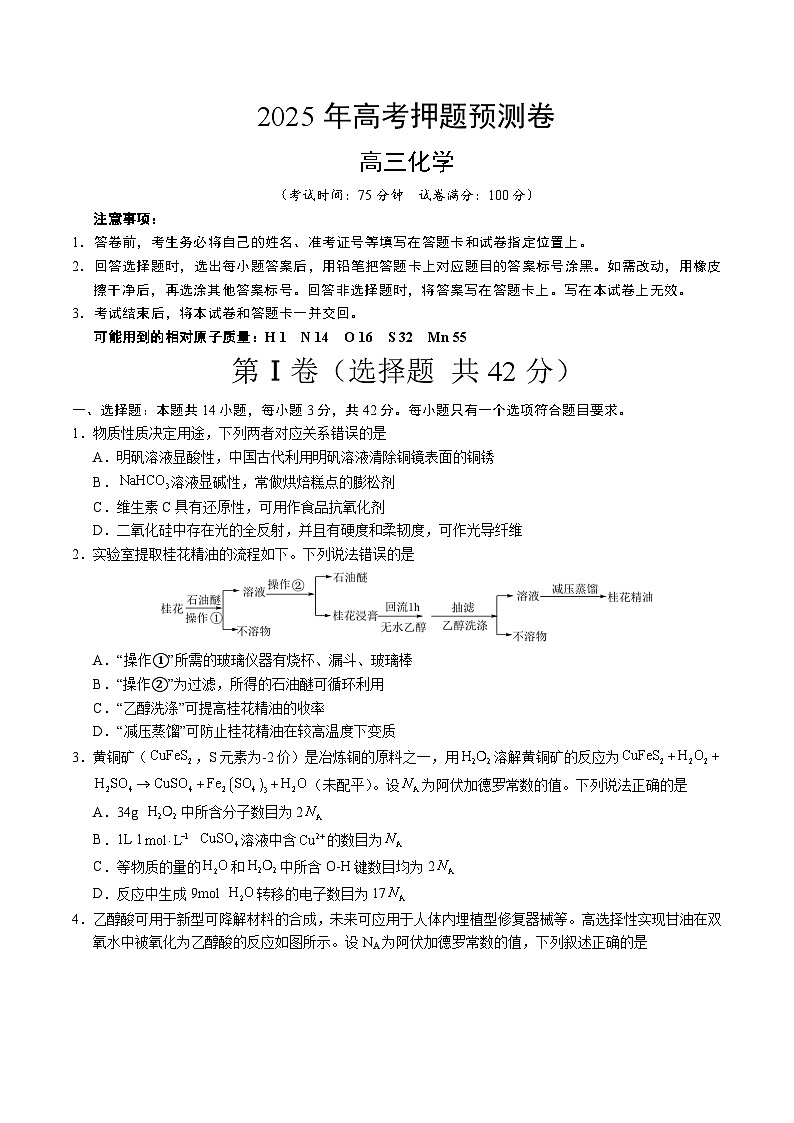 2025年高考押题预测卷：化学（山西、陕西、宁夏、青海）02（考试版）第1页