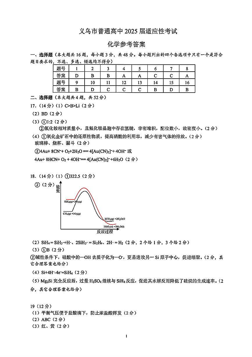 2025年金华市义乌市高三三模-化学答案第1页