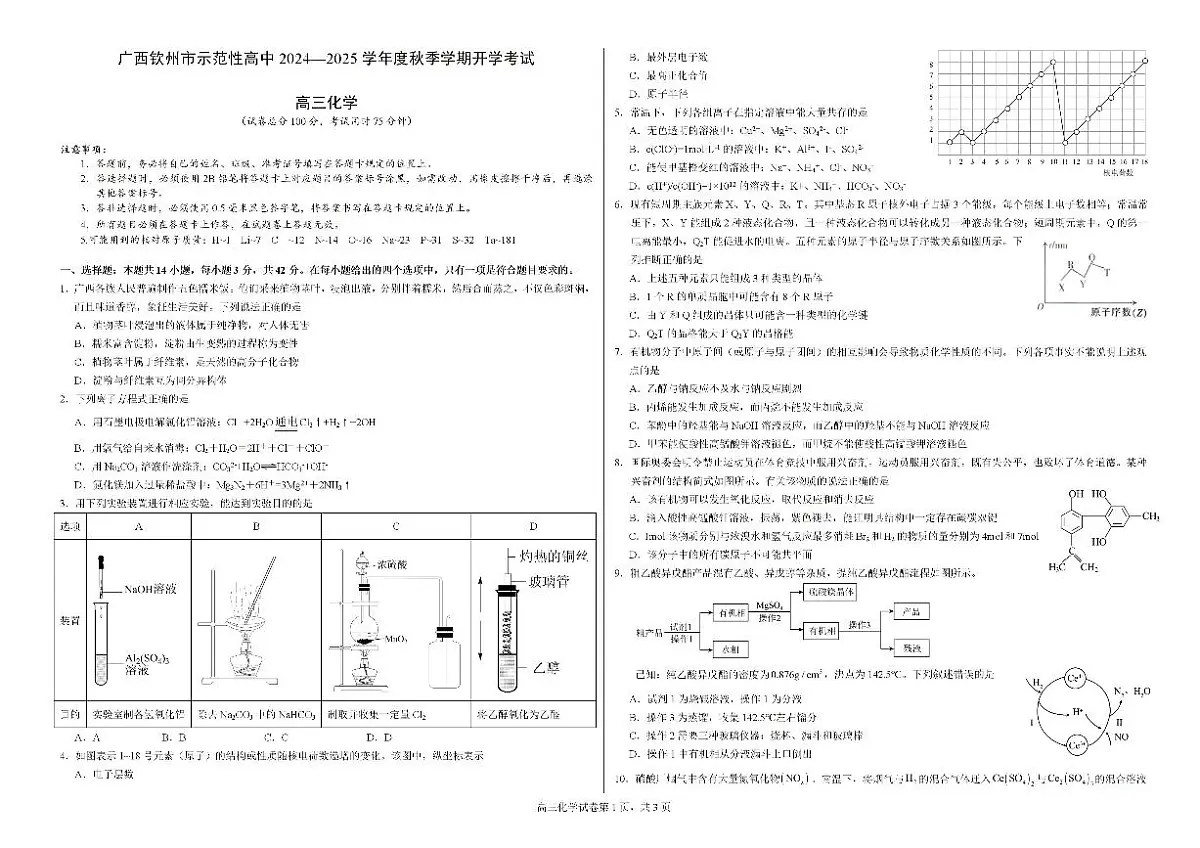 广西钦州市示范性高中2024-2025学年高三上学期开学考试化学试题（含答案）第1页