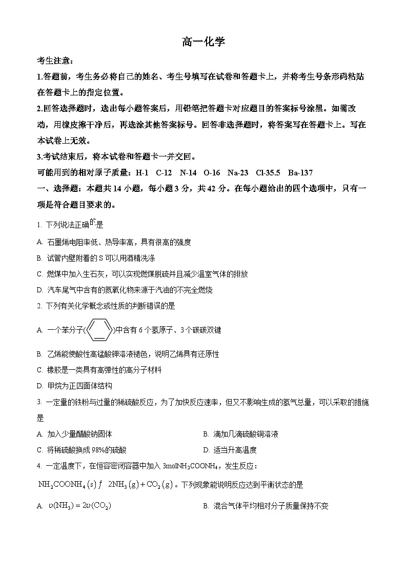 湖南省湘一名校联盟大联考2024-2025学年高一下学期4月期中化学试题（原卷版）第1页