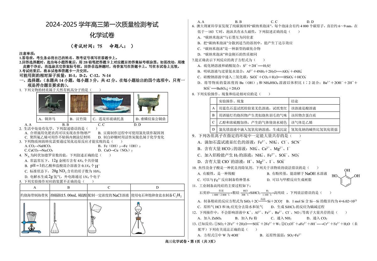 甘肃省武威市凉州区2024-2025学年高三第一次质量检测+化学试卷（含答案）第1页