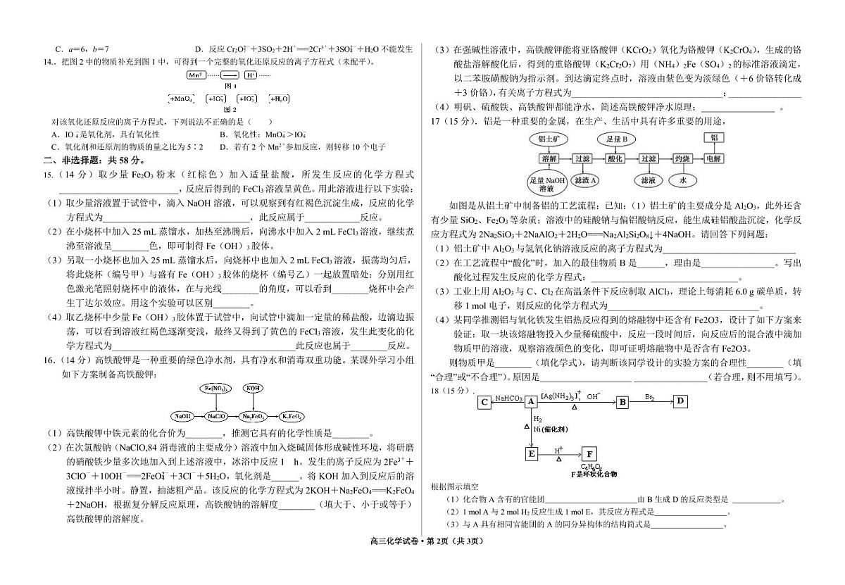 甘肃省武威市凉州区2024-2025学年高三第一次质量检测+化学试卷（含答案）第2页