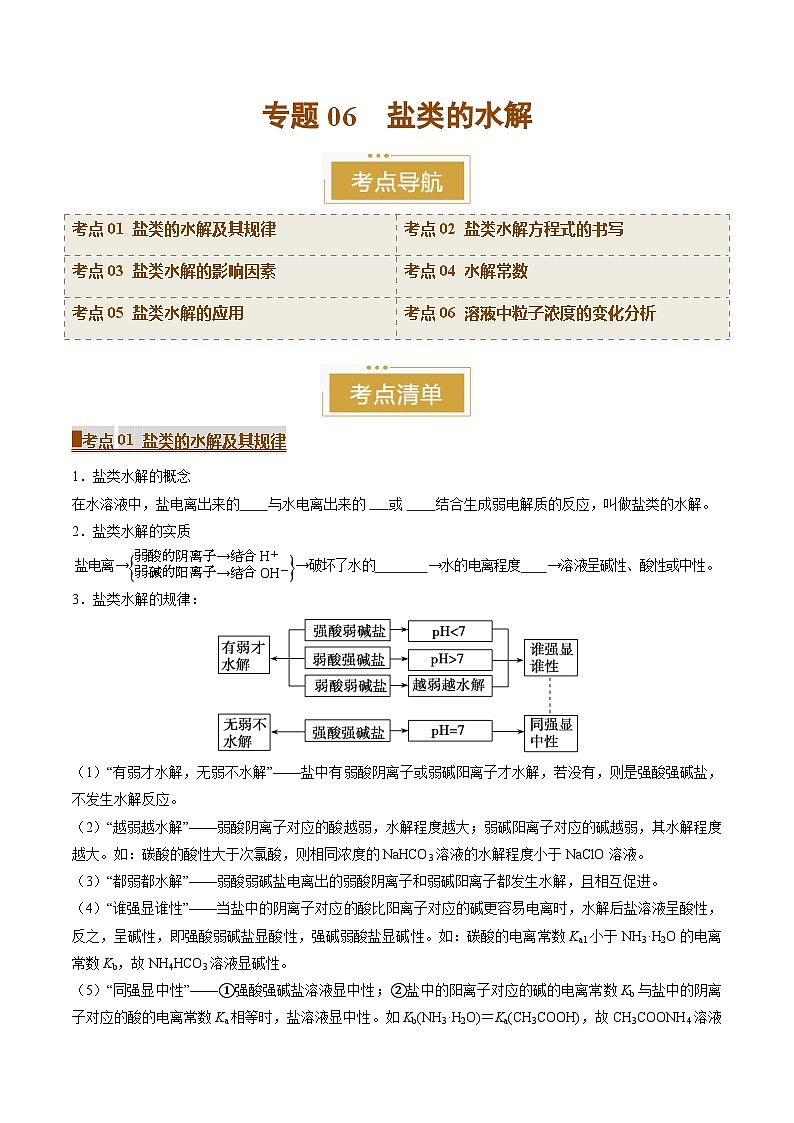 专题06 盐类的水解（考点清单）（讲+练）（原卷版）第1页