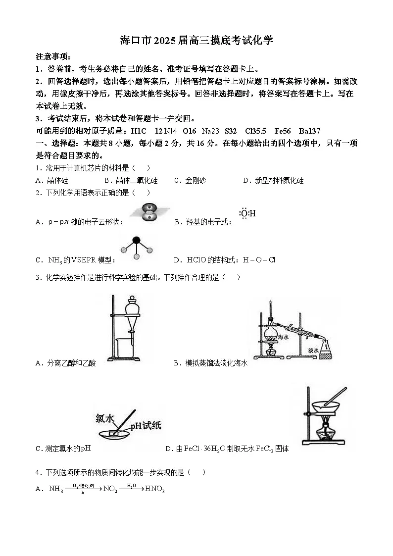 海南省海口市2025届高三上学期摸底考试 化学试题（含答案）第1页