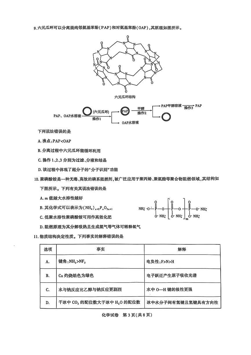 湖北名校联盟2025届高三第四次联考化学试卷第3页