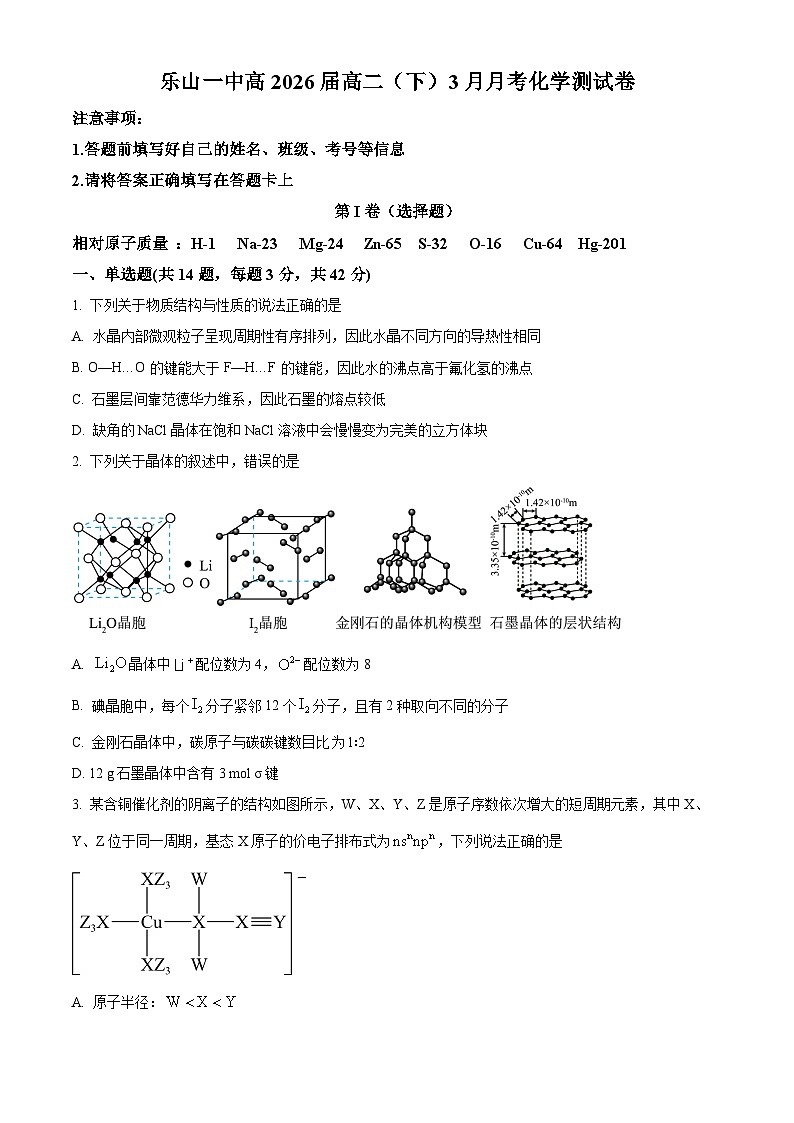 四川省乐山市第一中学校2024-2025学年高二下学期3月月考化学试题（原卷版+解析版）第1页