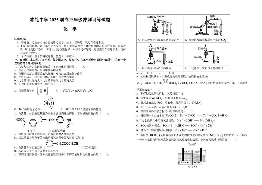 2025届湖南省长沙市雅礼中学高三高考模拟冲刺模拟训练-化学试题+答案第1页
