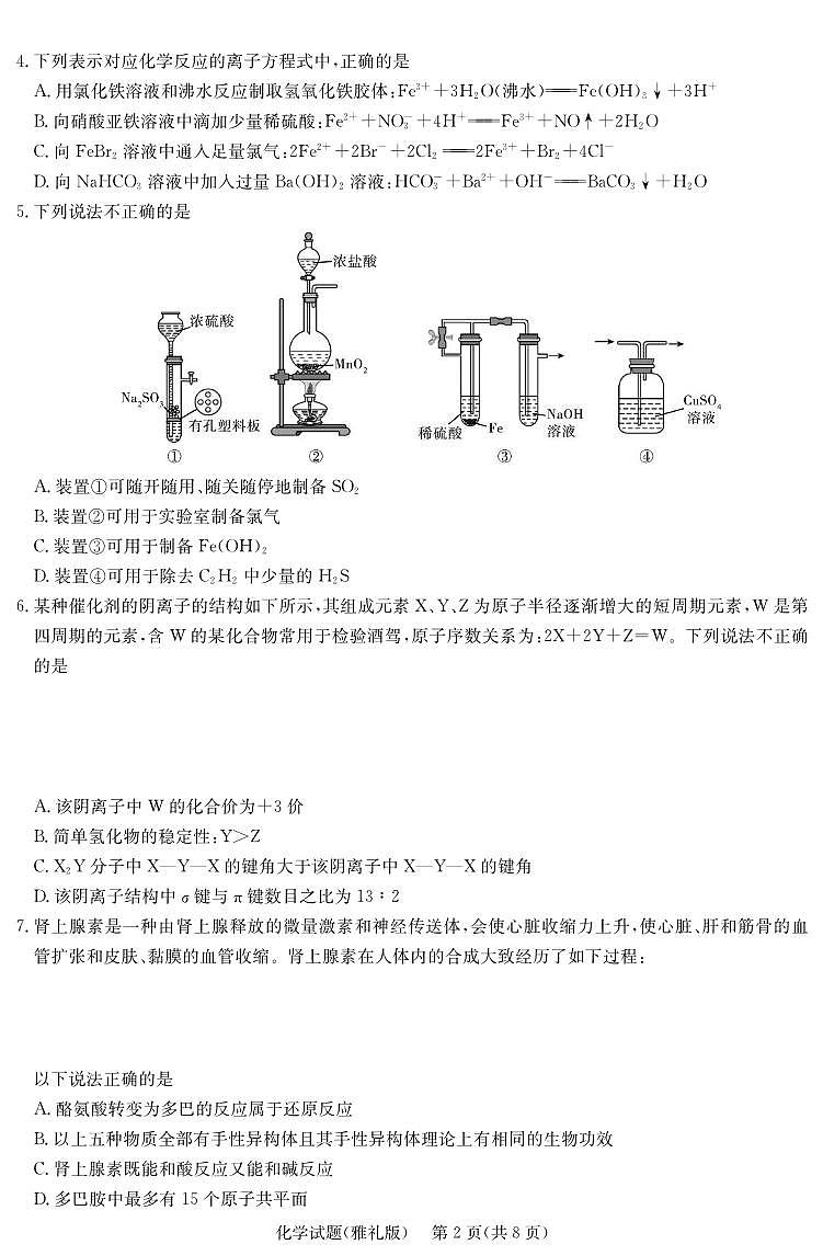 化学丨炎德·英才大联考湖南省雅礼中学2025届高三下学期5月模拟试卷（一）试卷及答案第2页