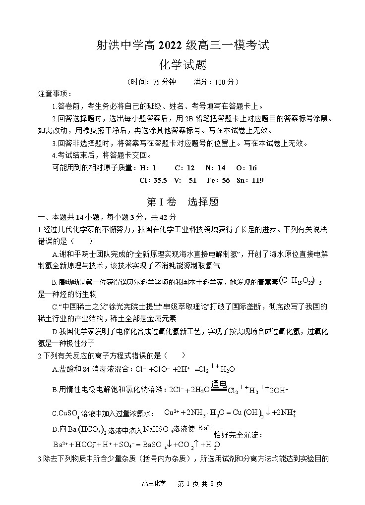 2025届四川省遂宁市射洪中学高三上学期一模-化学试题第1页