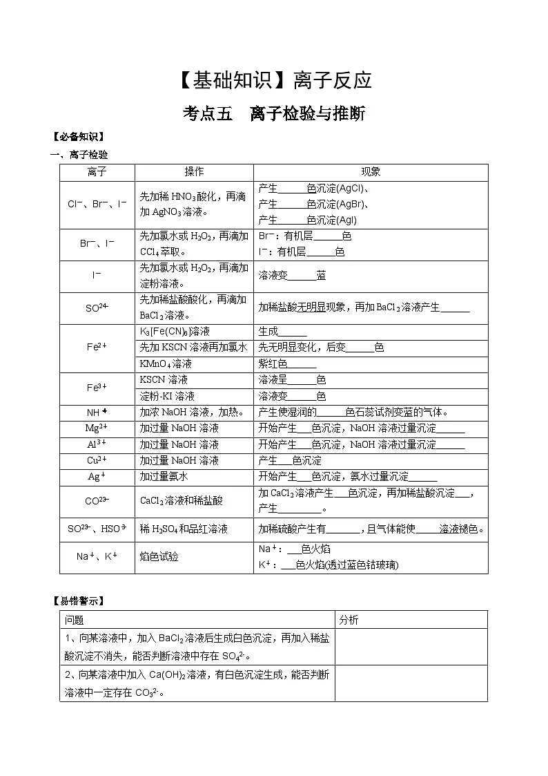高考化学一轮复习基础知识讲义专题三 化学基本概念考点五 离子检验与推断（学生版）第1页