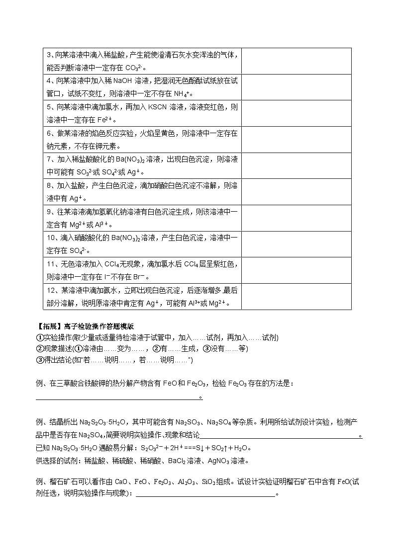 高考化学一轮复习基础知识讲义专题三 化学基本概念考点五 离子检验与推断（学生版）第2页