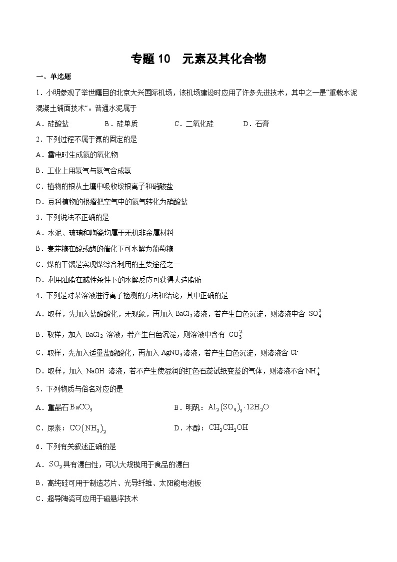 2025年高考化学二轮专题冲刺练习专题10 元素及其化合物（含解析）第1页