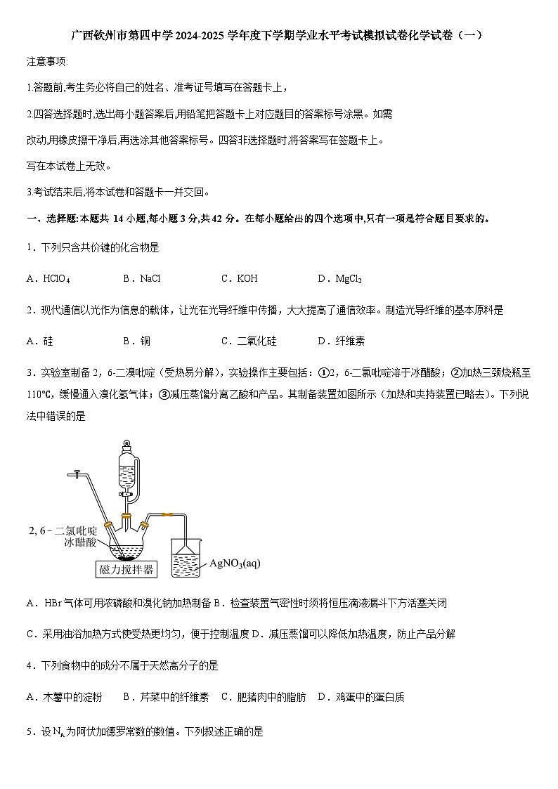 广西钦州市第四中学2024-2025学年高一下学期学业水平考试模拟试卷 化学试卷（一）含答案第1页