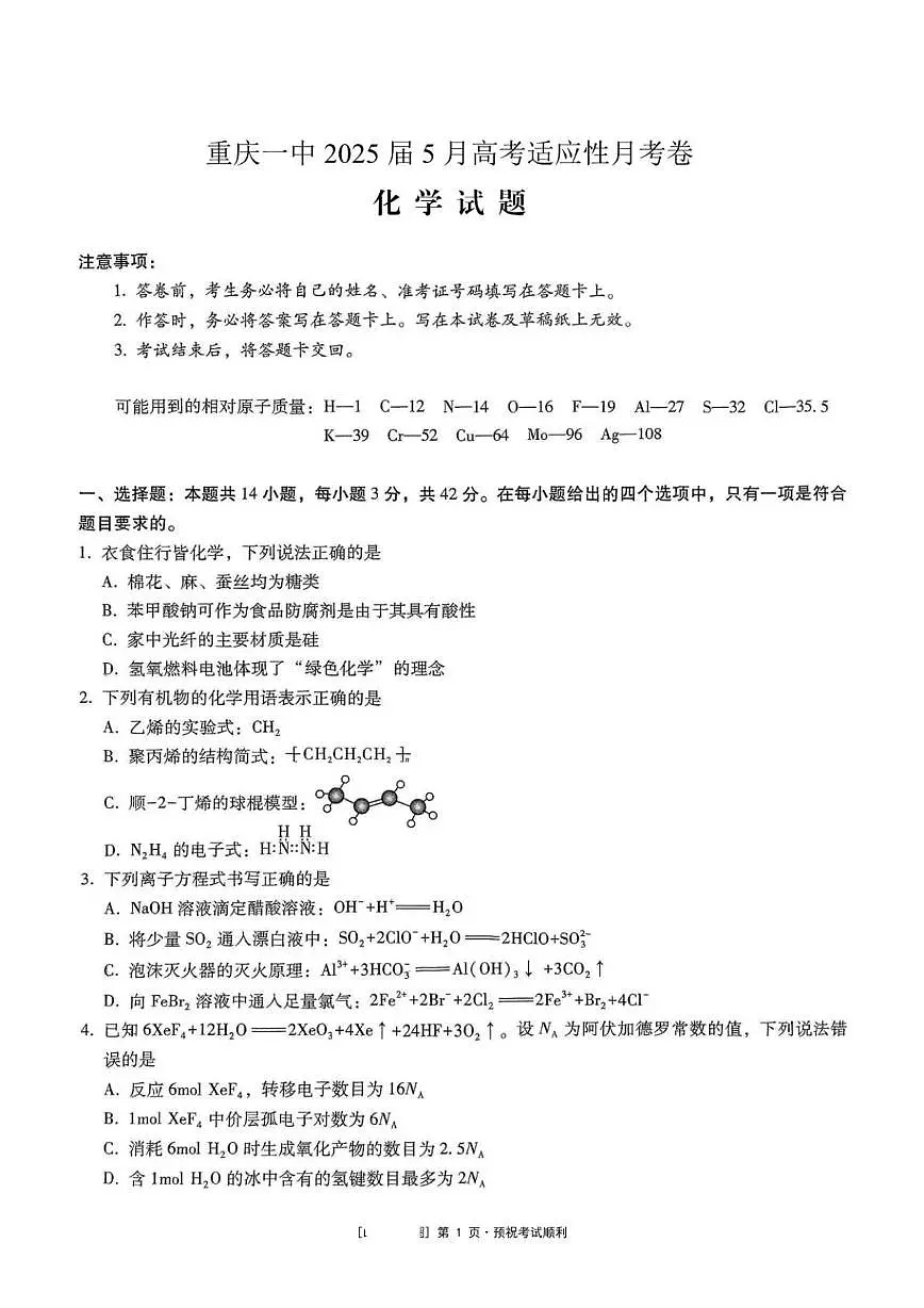 重庆市第一中学校2024-2025学年高三下学期5月适应性月考化学试卷第1页