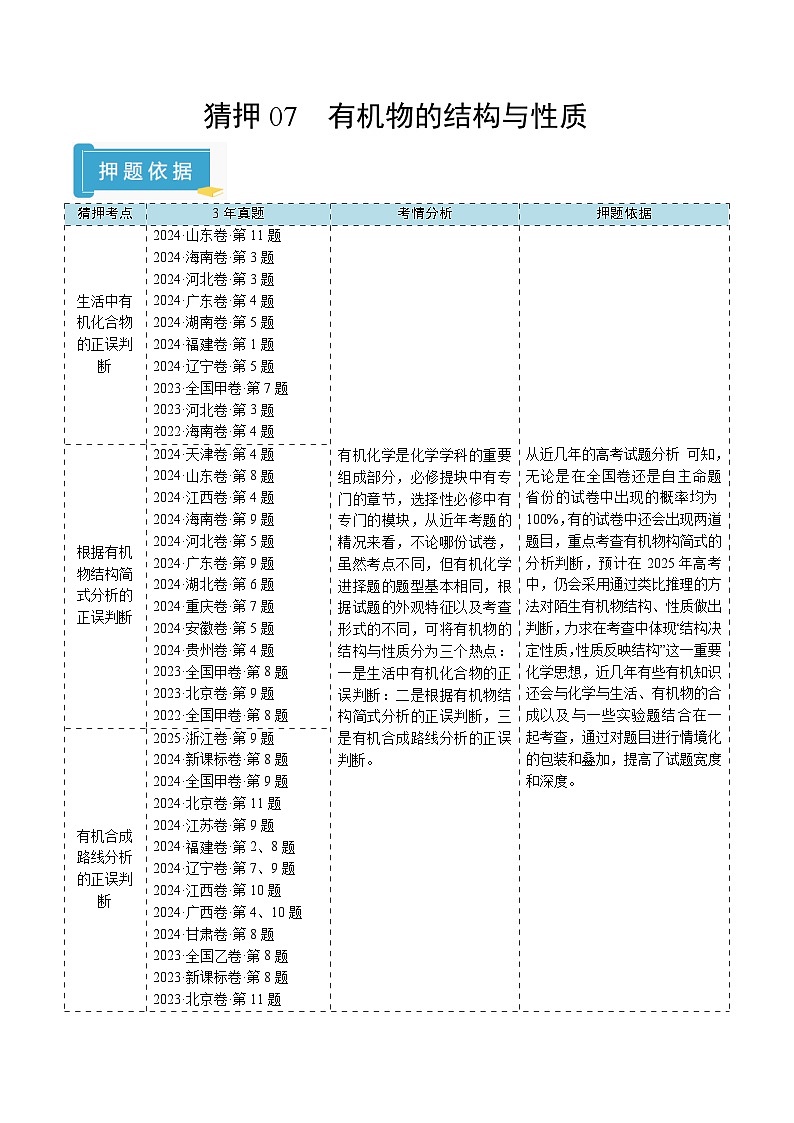 2025年高考化学（通用版）抢分猜押07有机物的结构与性质（解析版）第1页