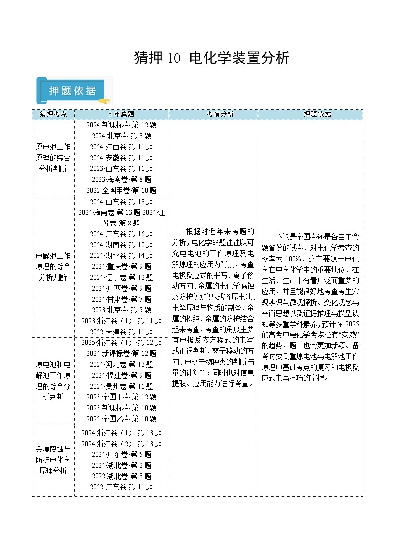 2025年高考化学（通用版）抢分猜押10电化学装置分析（解析版）第1页