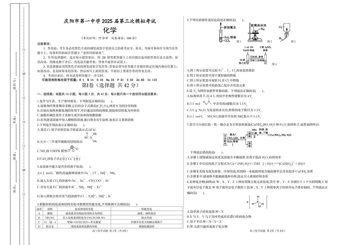 庆阳市第一中学2025届高三三模化学（考试版）第1页