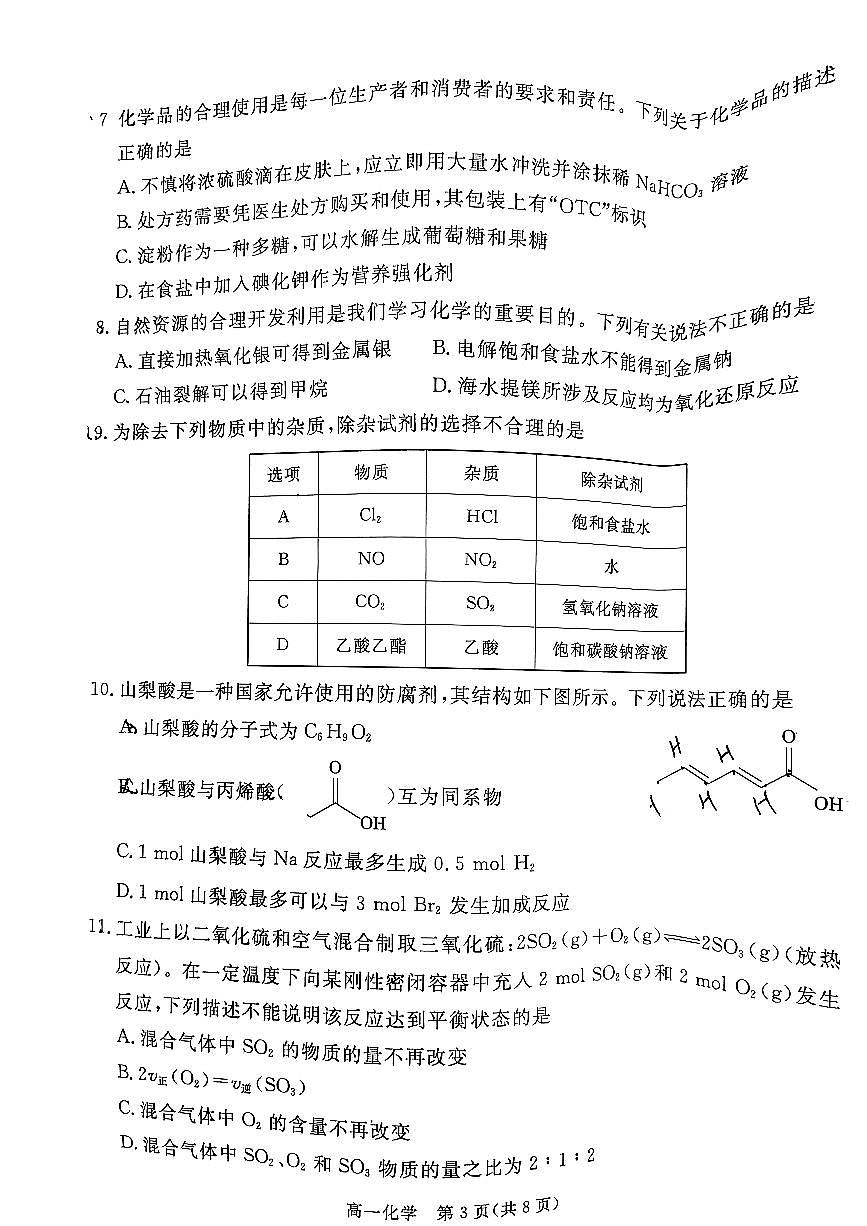广东省肇庆市2023-2024学年高一下学期期末考试化学试题第3页
