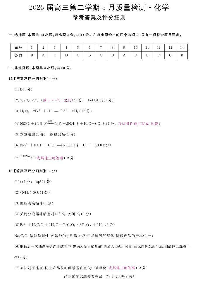 安徽省华师联盟2025届高三第二学期5月质量检测化学评分细则第1页