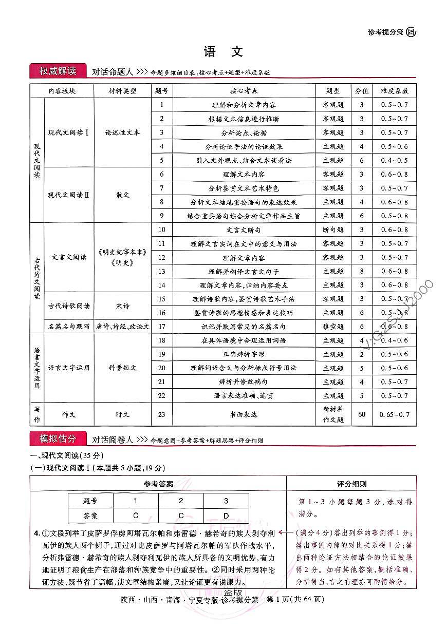 王后雄 高考押题预测卷 2025陕晋甘宁专版 答案第2页