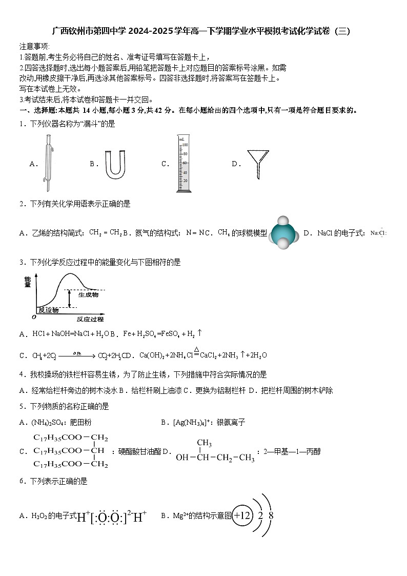 广西钦州市第四中学2024-2025学年高一下学期学业水平模拟考试 化学试卷（三）含答案第1页