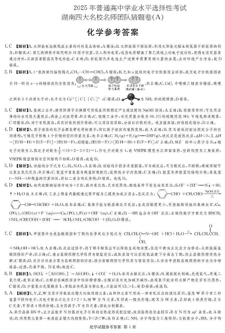 湖南名校名师团队猜题卷化学（A） 化学A卷_答案第1页