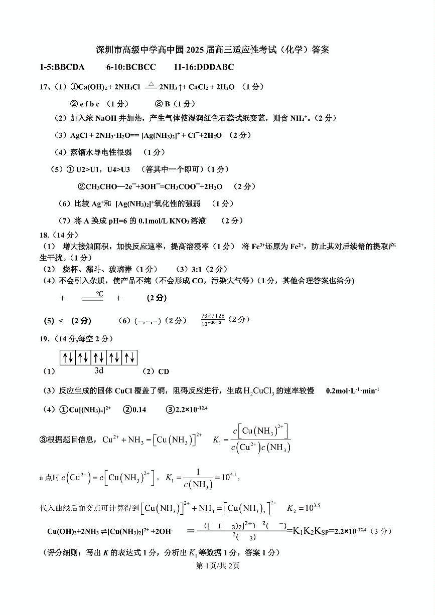 深圳市高级中学高中园2025届高三高考适应性考试（化学）答案第1页