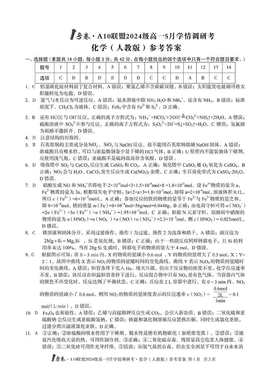 安徽A10联盟2025年高一下学期5月月考化学答案第1页