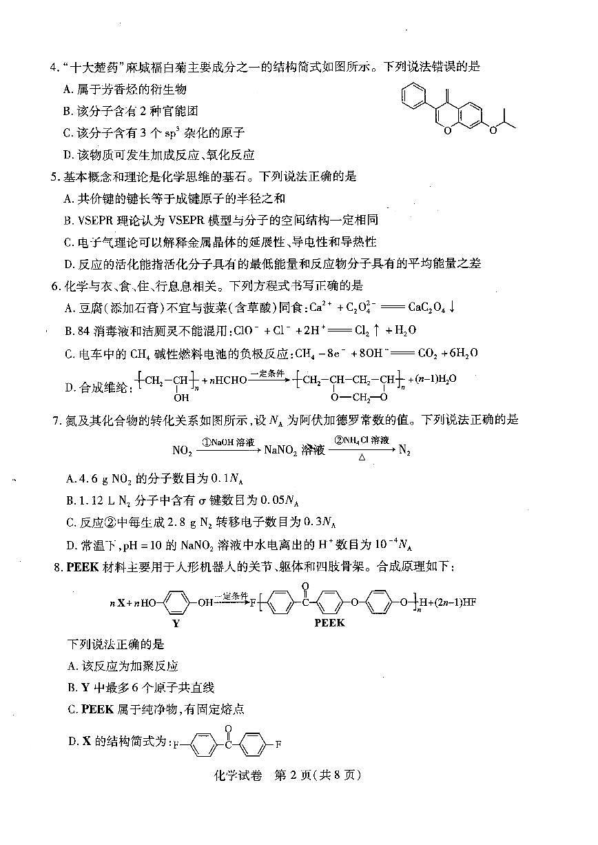 湖北省武汉市2025届高三高考模拟训练-化学试题+答案第2页