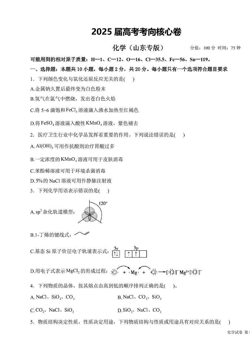 2025年高三化学高考考向核心模拟卷（山东专版）及其答案第1页