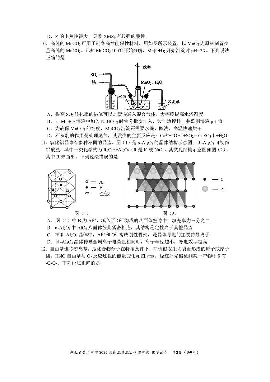 化学-湖北省黄冈中学2025届高考第三次模拟考试试题及答案第3页