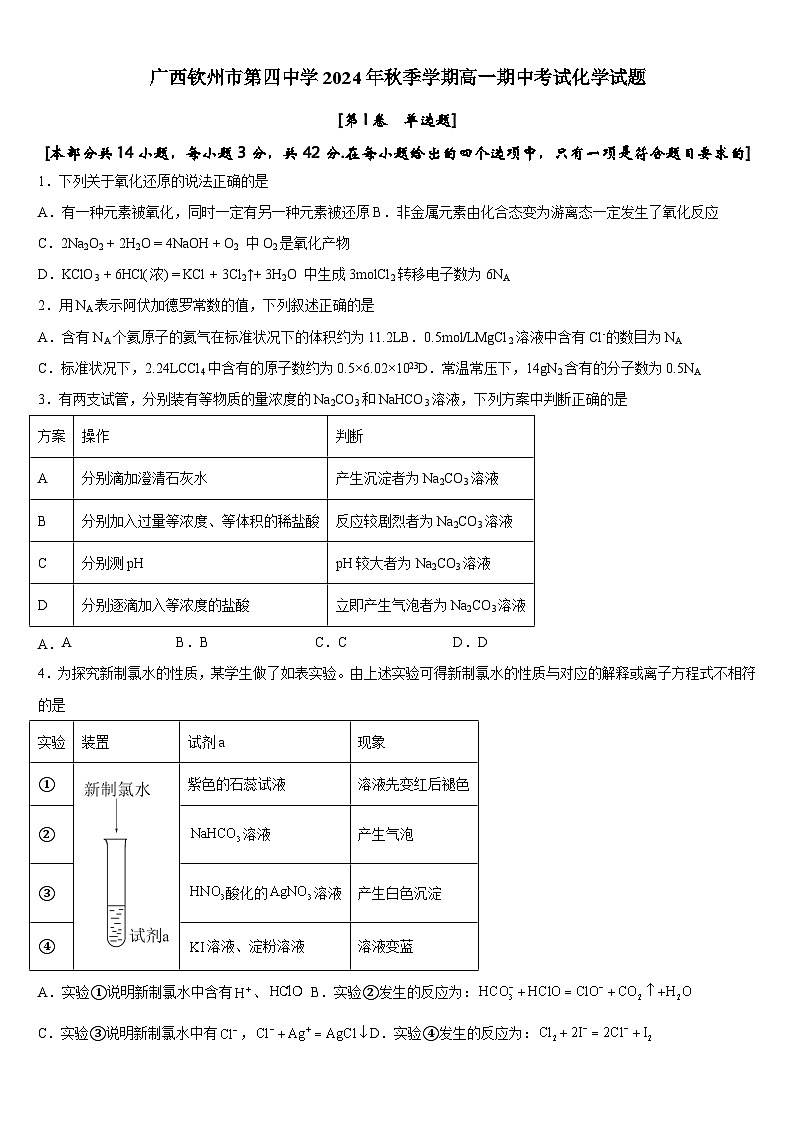 广西钦州市第四中学2024-2025学年高一上学期期中考试+化学试题第1页