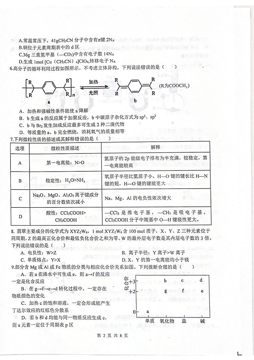 四川省绵阳中学2025届高三下学期高考适应性考试（一）化学试题（PDF版附答案）第2页