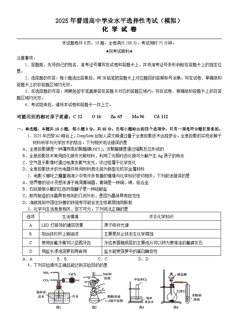 2025年普通高中学业水平选择性考试（模拟）化学第1页