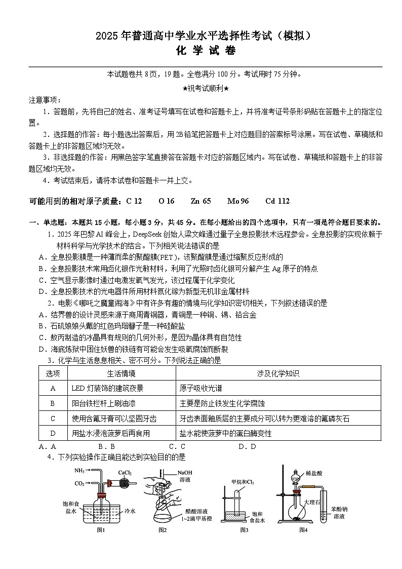 2025年普通高中学业水平选择性考试（模拟）化学第1页