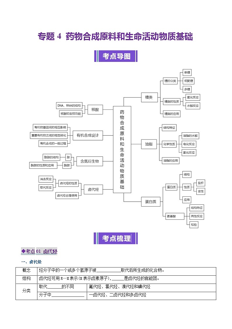专题4 药物合成原料和生命活动物质基础——卤代烃、胺、酰胺（考点清单）（讲+练）（原卷版）第1页