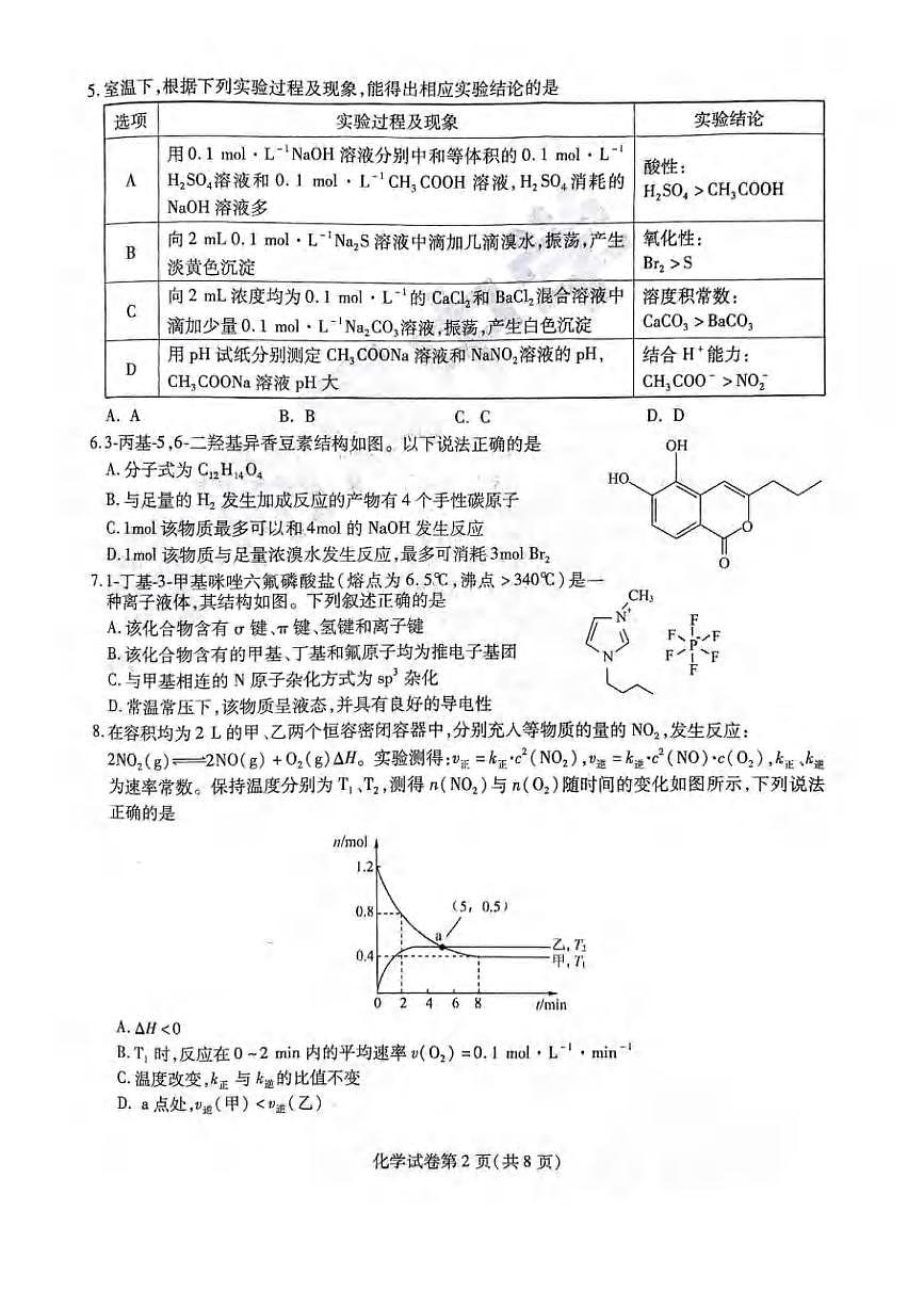 化学丨黑龙江省哈尔滨师范大学附属中学2025届高三下学期5月第四次模拟考试试卷及答案第2页