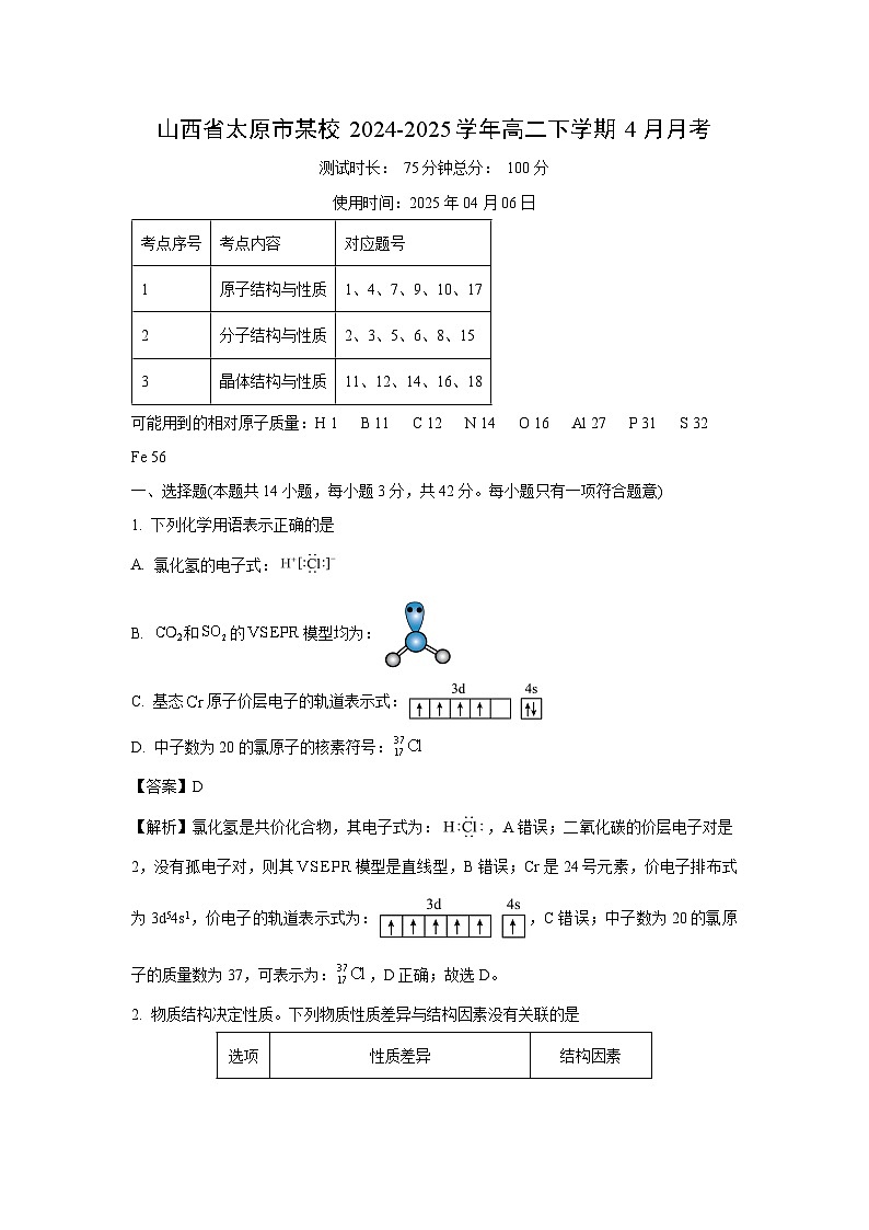 山西省太原市某校2024-2025学年高二下学期4月月考化学试卷（解析版）第1页
